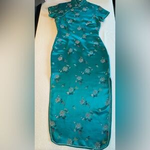 Vintage Solz Squirrel Qipao Cheongsam Teal Rayon Wiggle Dress 70s Size 38